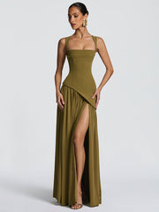 Olive Green Asymmetric Waist High Slit Formal Dress XF251320