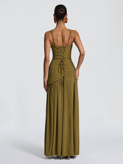 Olive Green Asymmetric Waist High Slit Formal Dress XF251320