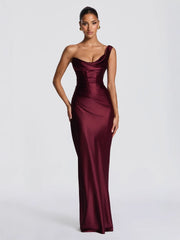 One Shoulder Ruched Satin Cocktail Dress