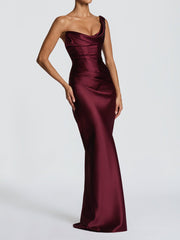 One Shoulder Ruched Satin Cocktail Dress
