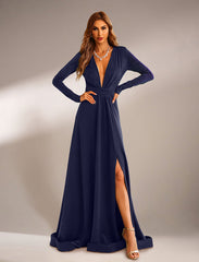 V Neck Long Sleeve A Line Maxi Evening Dress XH1221