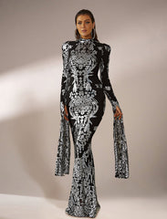 Stand Collar Long Sleeve Mermaid Sequin Prom Dress XJ1262