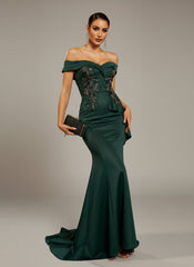 Green Embroidered Off Shoulder Mermaid Evening Dress XJ1843