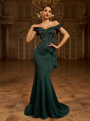 Green Embroidered Off Shoulder Mermaid Evening Dress XJ1843