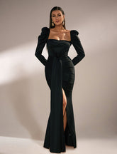 Puff Long Sleeve Split Black Mermaid Prom Dress XJ979