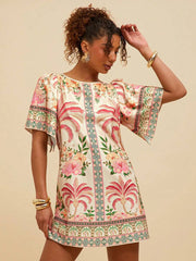 Tropical Print Short Sleeve Mini Vacation Dress YF25528