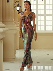 V Neck Elegant Multicolor Maxi Sequin Prom Dress M02092