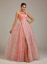 Appliqued Pink Camisole Floral Tulle Dress GM00142