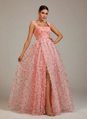Appliqued Pink Camisole Floral Tulle Dress GM00142