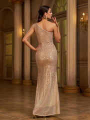 One Shoulder Beaded Sleeve Gradient Sequin Prom Dress M01599