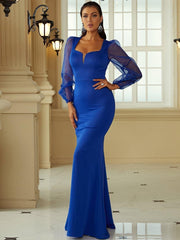 Lantern Sleeves Sweetheart Neck Mermaid Hem Blue Prom Dress XH2203