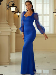 Lantern Sleeves Sweetheart Neck Mermaid Hem Blue Prom Dress XH2203