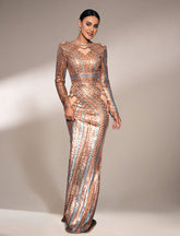 Backless Crew Neck Rosegold Sequin Dress RJ10456