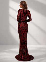 Damask Red Sequin Mermaid Hem Prom Dress M0730