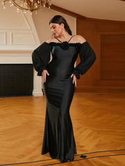 Plus Size Halter Appliqued Panel Black Prom Dress PRJ10954