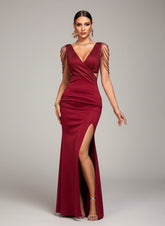 Burgundy Sequin Chain Sleeve V-Neck Formal Dress XFR51023