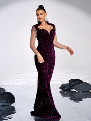 Sequin Panel Mesh Sleeve Mermaid Formal Dress GM00635