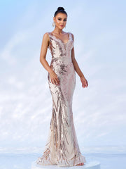 V-neck Sleeveless Mermaid Sequin Formal Dress RM21551