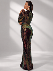 High Neck Cut Out Long Sleeve Sequin Mermaid Evening Dress XH2349