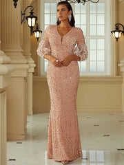 V Neck Lantern Sleeve Sequin Maxi Evening Dress XH2184