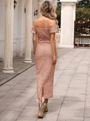 Off Shoulder Glitter Midi Cocktail Dress M0704