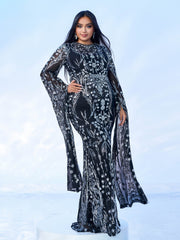 Plus Long Sleeve Mermaid Sequin Maxi Dress PMES00404