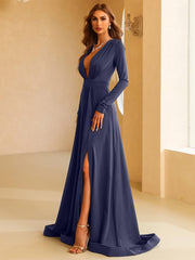V Neck Long Sleeve A Line Maxi Evening Dress XH1221