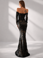 Off Shoulder Long Sleeve Sequin Mermaid Prom Dress FT18392