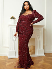 Plus Size Sweetheart Long Sleeve Burgundy Sequin Prom Dress PJM041L