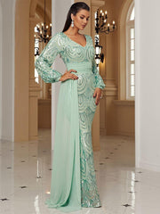 V-Neck Long Sleeve Draped Sequin Mermaid Prom Dress XJ1524