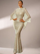 High Neck Sequin Bell Sleeve Mermaid Evening Dress XJ1263