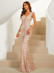 Sleeveless Beads Chain Sequin V-neck Evening Dress M01873