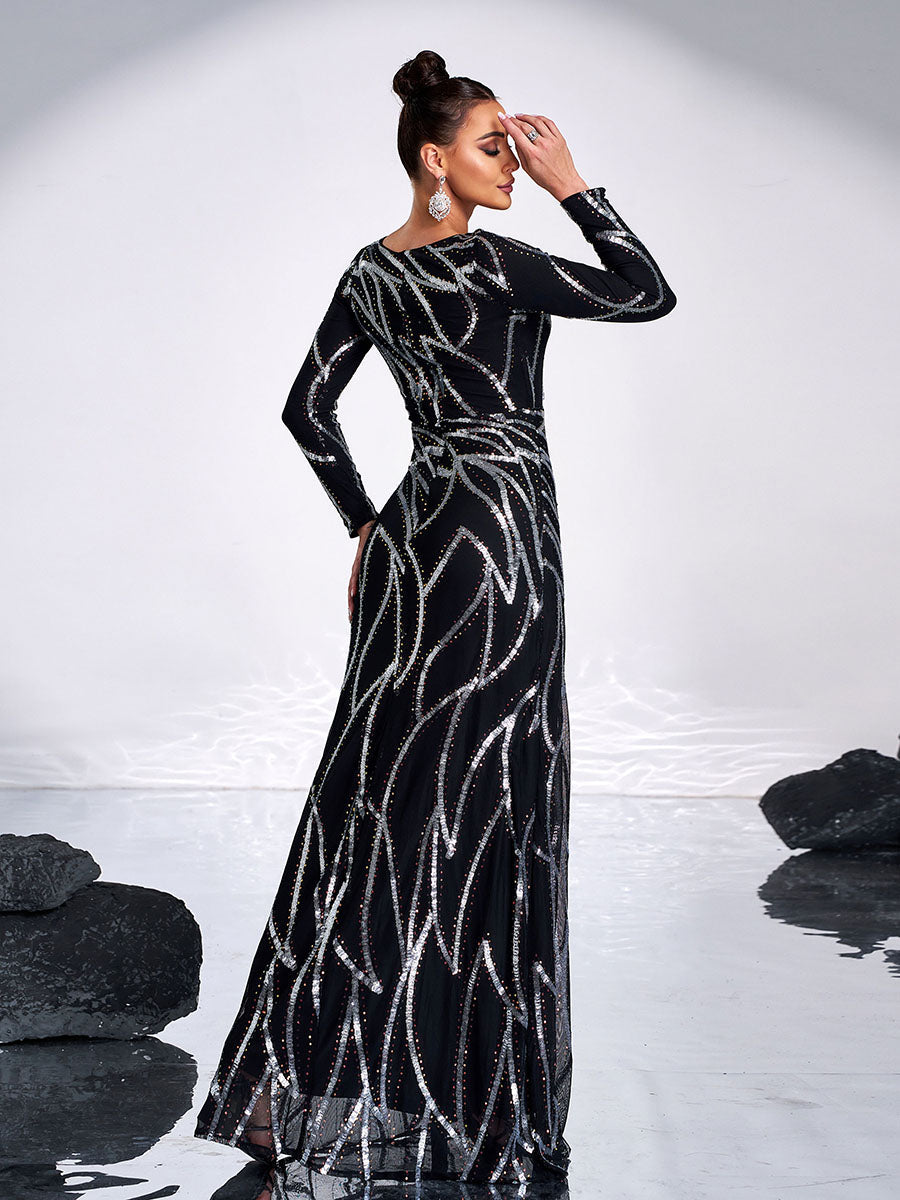 Long Sleeve Sequin A-Line Maxi Evening Dress XJ1962