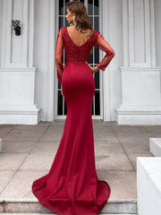 Elegant Long Sleeve Embroidered Applique Mermaid Evening Gown M01592