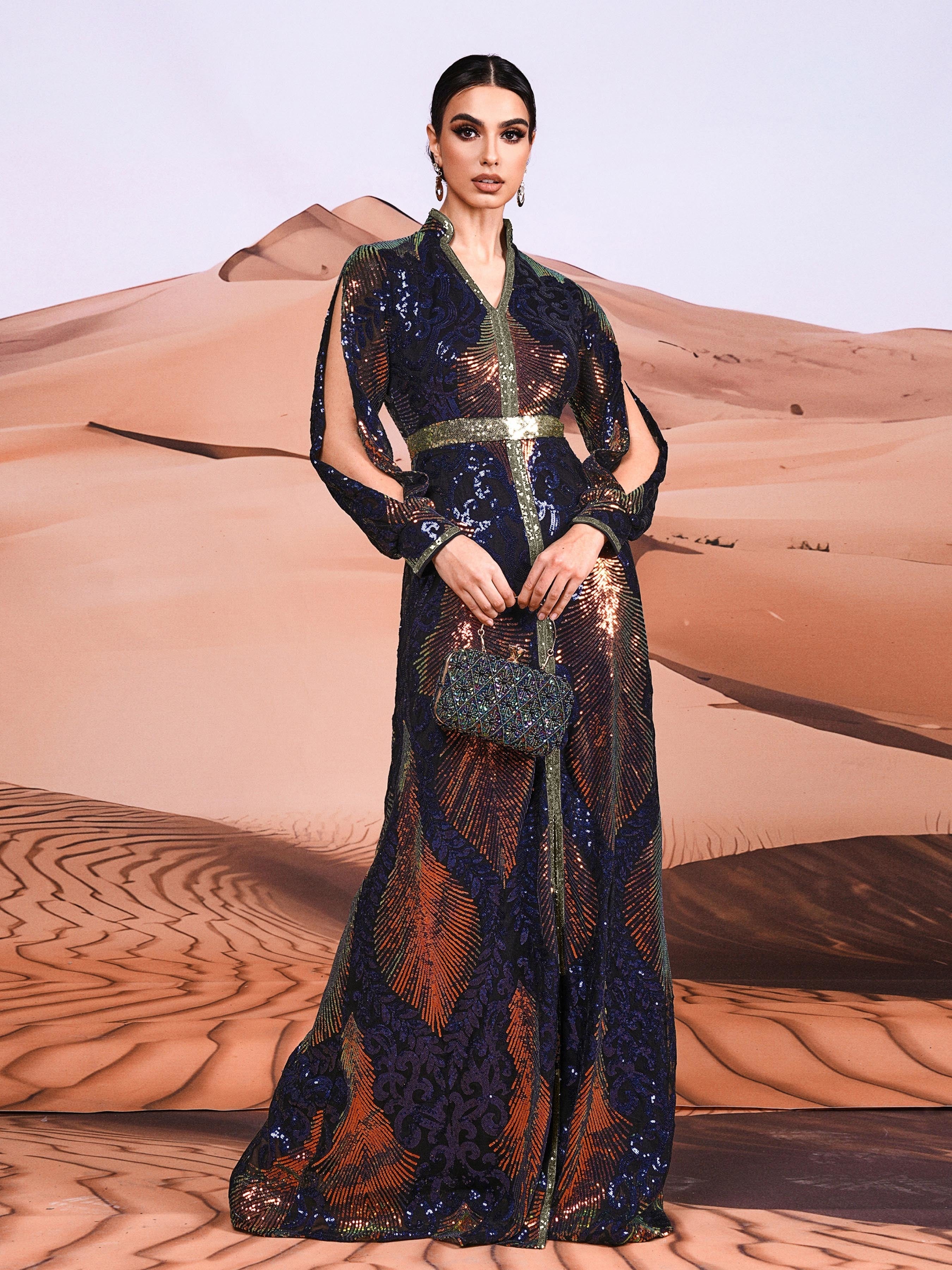 Stand Collar Cutout Sleeve Sequin Abaya Maxi Dress ME00330