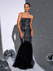 Strapless Sequin Mesh Black Mermaid Formal Dress RH30924