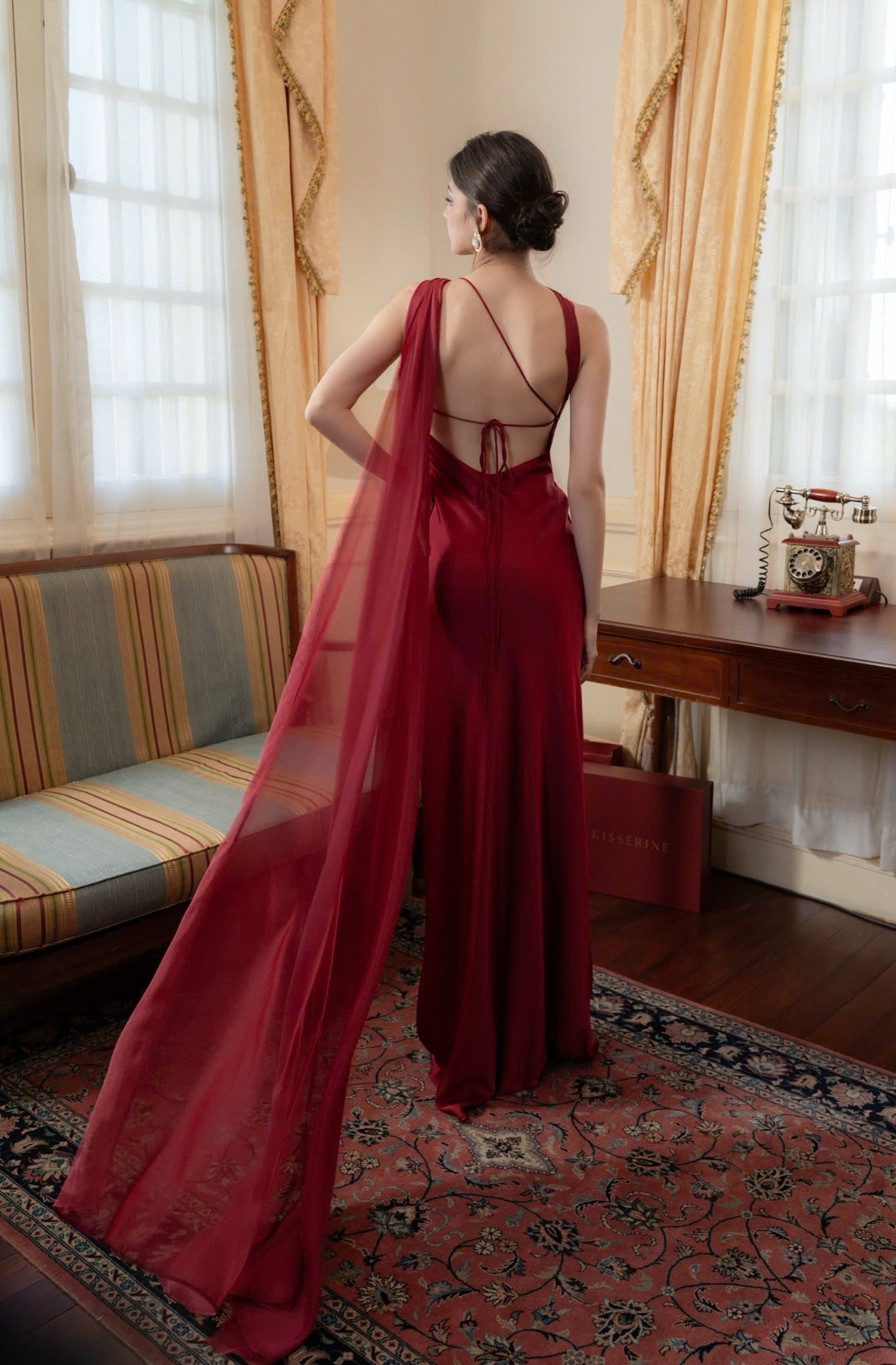One Shoulder Draped Cape Backless Satin Evening Dress