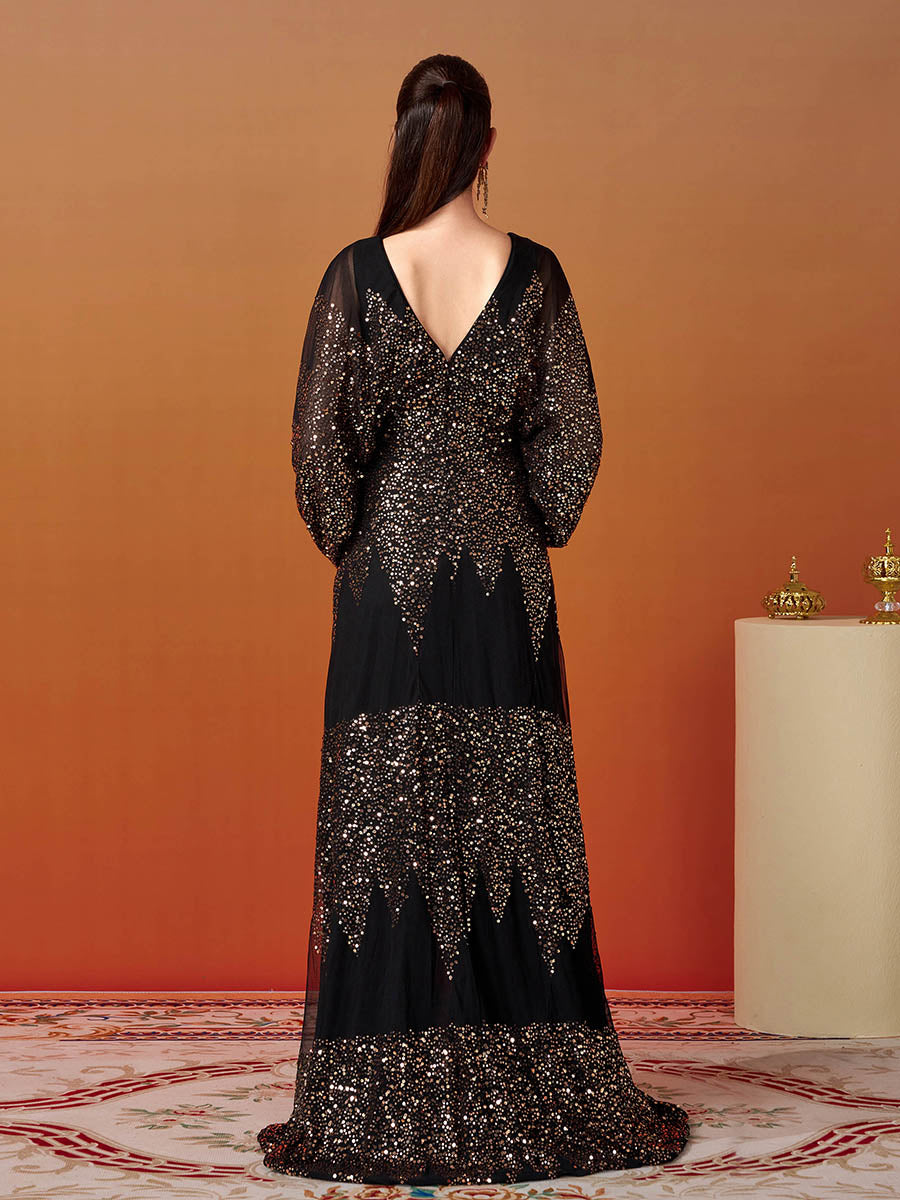 Lantern Sleeve V-Neck High Split Black Prom Dress RM21107