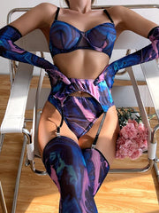 Print See Through Lingerie 5 Piece Set MSL014