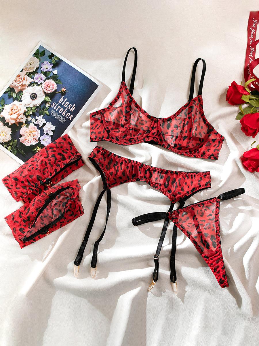 Mesh Leopard Print See-Through Sexy Lingerie 4 Piece Set MSL028