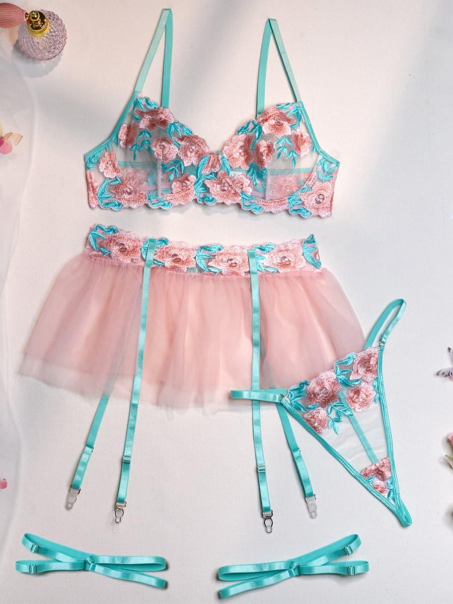 Embroidered Mesh Sexy Lingerie 4 Pieces Set MSL025