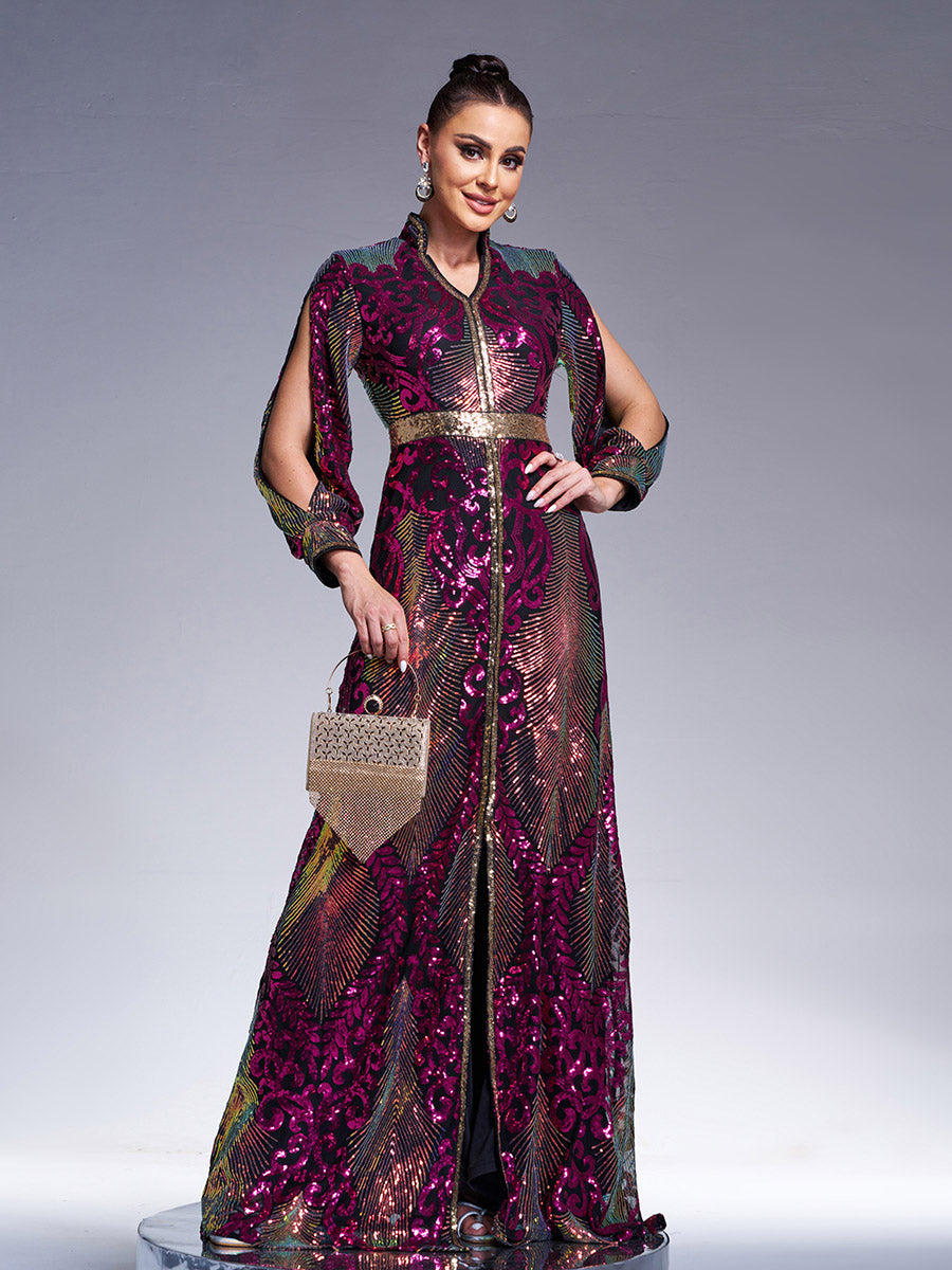 Stand Collar Cutout Sleeve Sequin Abaya Maxi Dress ME00330