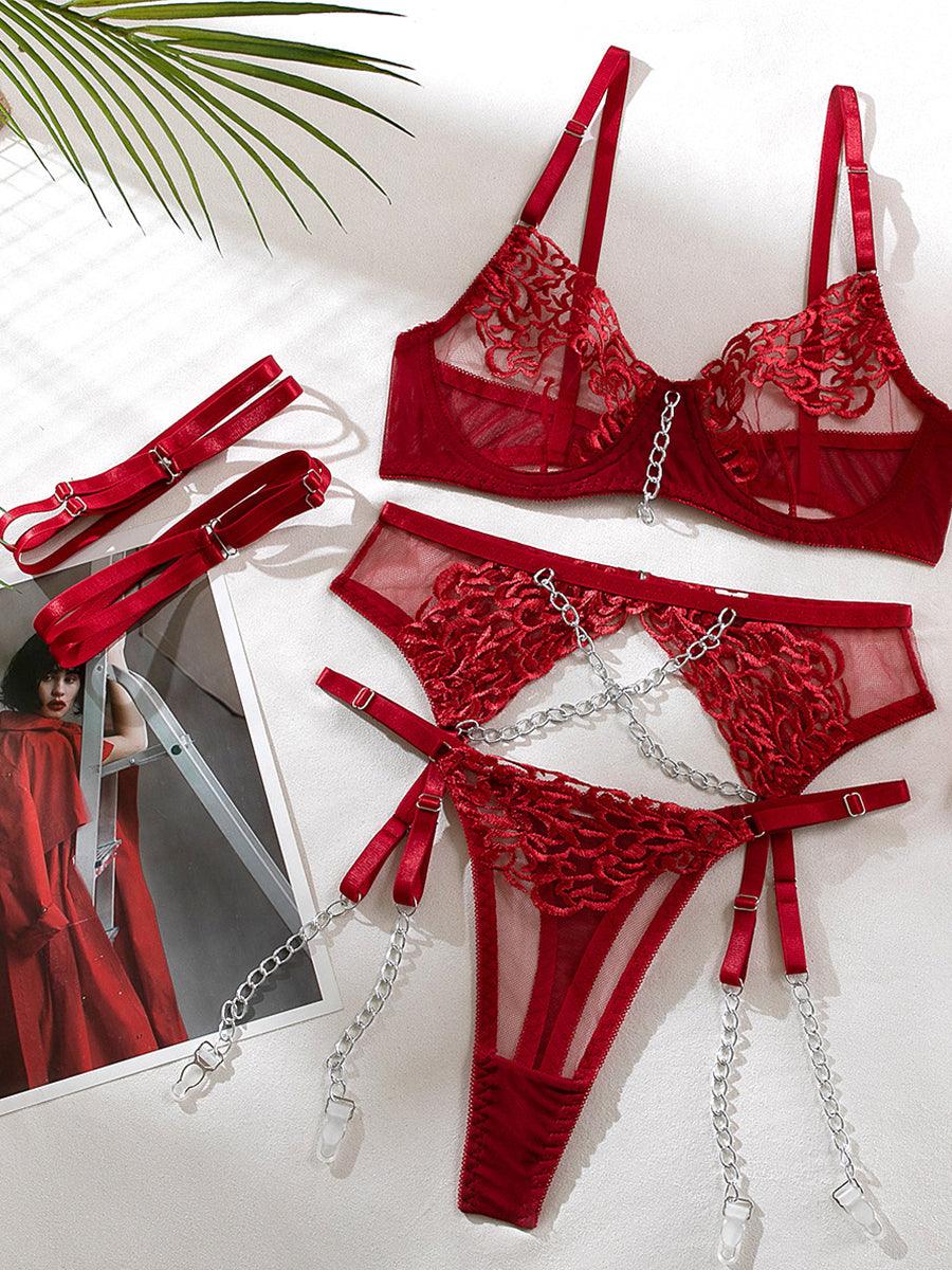 Metal Chain Embroidered Sexy Lingerie 4 Piece Set MSL034