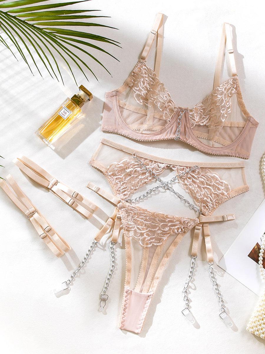 Metal Chain Embroidered Sexy Lingerie 4 Piece Set MSL034