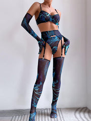 Print See Through Lingerie 5 Piece Set MSL014
