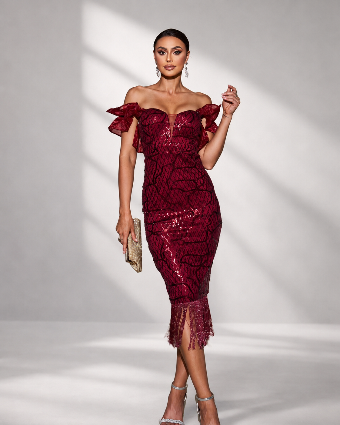 Off Shoulder Sequin Midi Cocktail Dress XJ1259