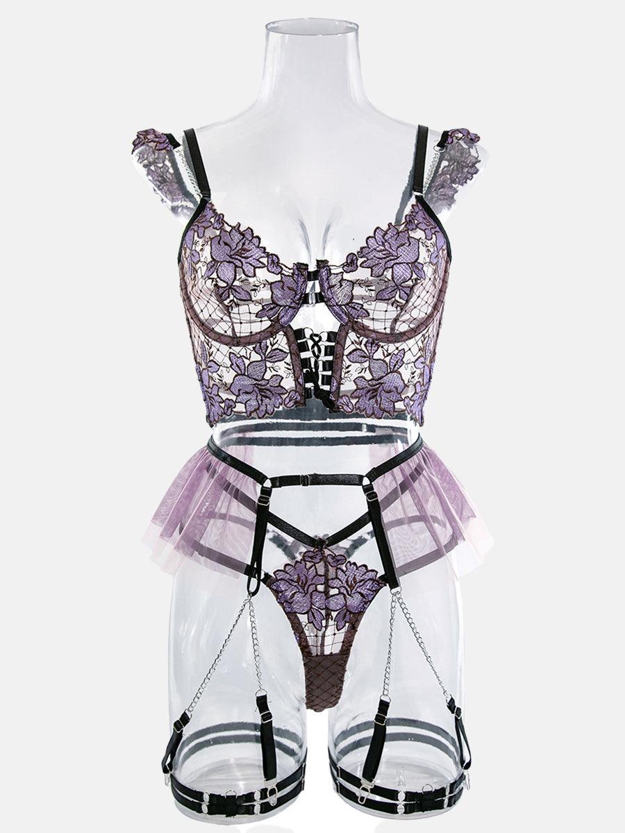 See Through Flower Lingerie 4 Piece Set MSL026