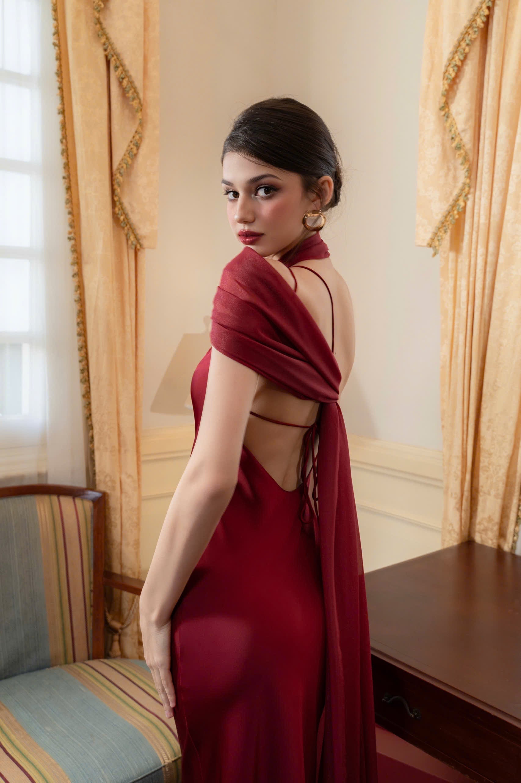 One Shoulder Draped Cape Backless Satin Evening Dress