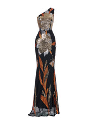 One Shoulder Floral Sequin Prom Dress RM20857