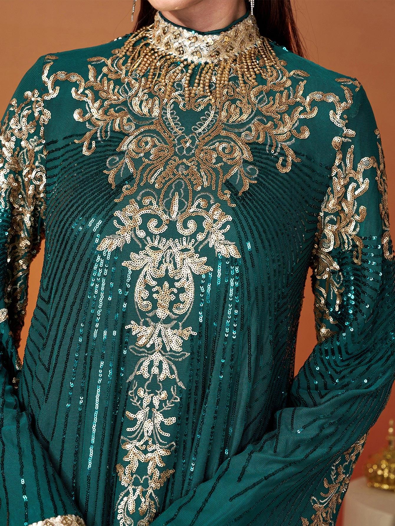 Stand Collar Bell Sleeve Sequin Dress MES00344